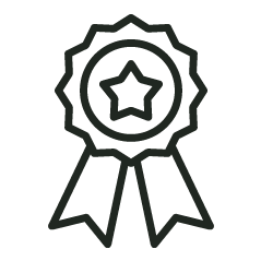Black outline icon of an award ribbon with a star in the center and two tails hanging down.