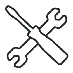 Black outline icon of a crossed screwdriver and wrench on a light background, symbolizing tools or maintenance.