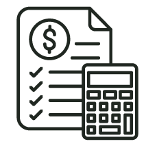 Line drawing of a document with a dollar sign and checklist, next to a calculator.