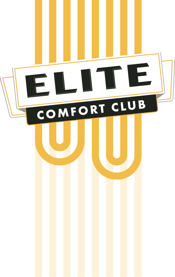 Logo with the text "ELITE" on a white background and "COMFORT CLUB" below in a dark box, with gold and light yellow stripes extending downward.