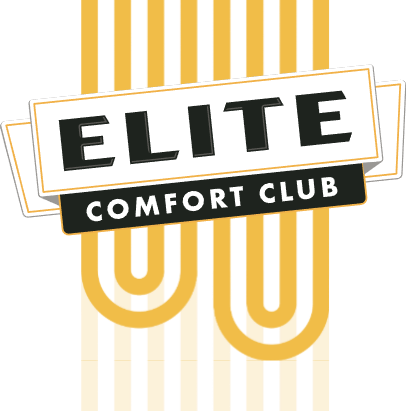 Logo with bold black text "ELITE" and smaller white text "COMFORT CLUB" on a dark band, over yellow and white curved lines in the background.