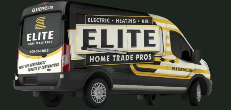 A black, white, and yellow Elite Home Trade Pros van advertises electric, heating, and air services, with website and phone number visible on the back and side.