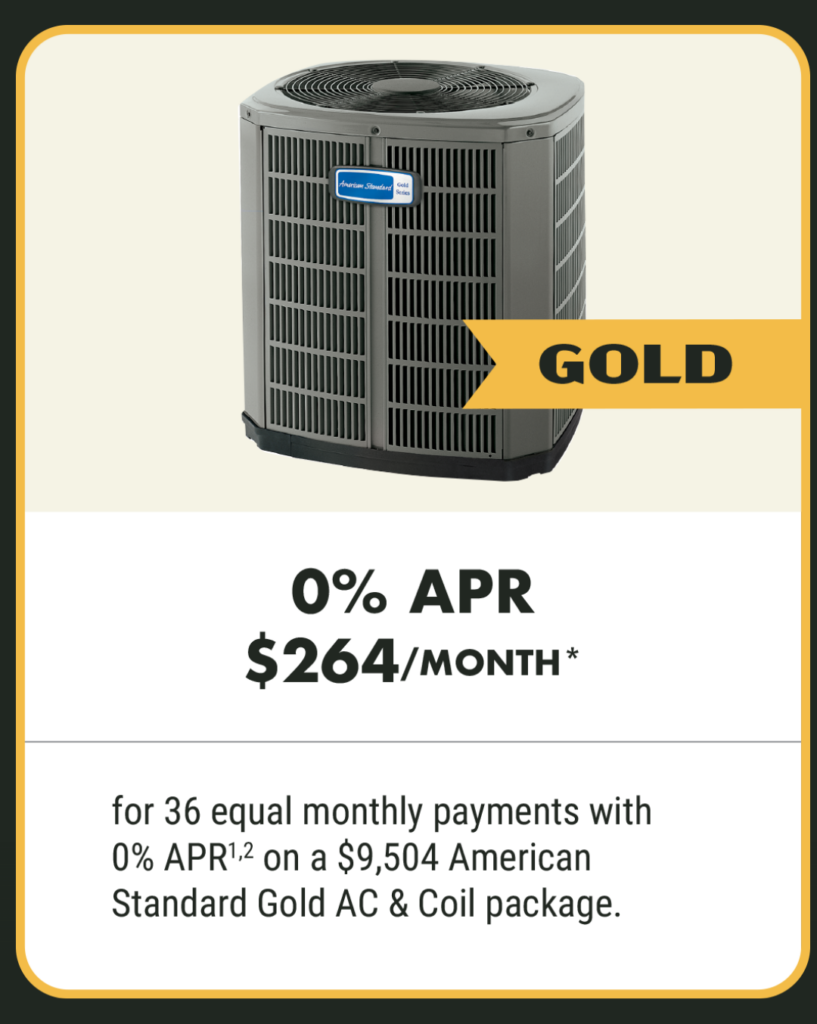 American Standard Gold AC unit offer: 0% APR, $264 per month for 36 months on a $9,504 Gold AC & Coil package. Gold label at top right.