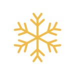 Yellow snowflake icon with six symmetrical branches on a plain light gray background.
