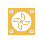 Yellow icon of a cooling fan with three blades inside a square frame, displayed on a light background.