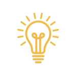 Yellow outline of a light bulb with rays on a white background, symbolizing an idea or inspiration.